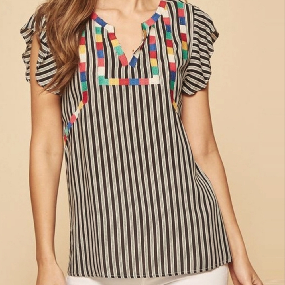 Andree Pinstripe Boho Embroidered Top